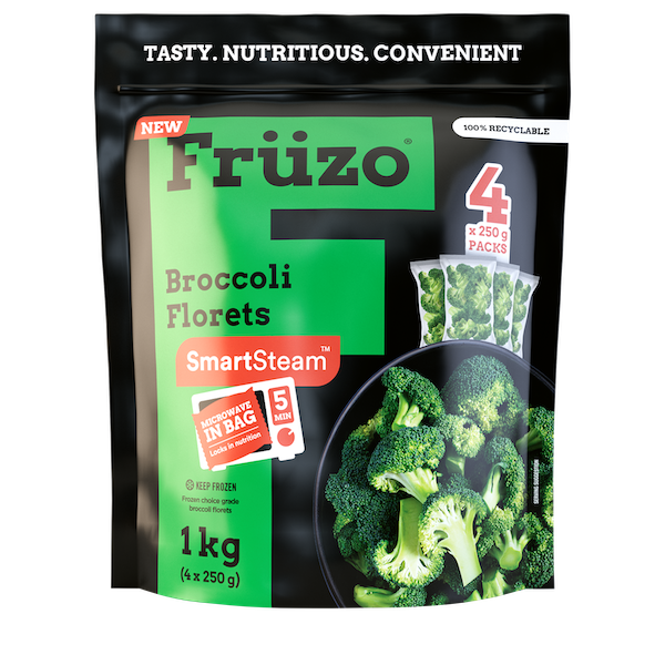 One-kilogram Früzo frozen broccoli florets front of packet.