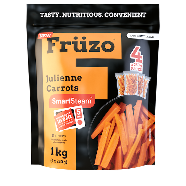 One-kilogram Früzo frozen Julienne carrots front of packet.