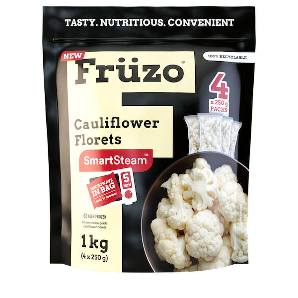 One-kilogram Früzo frozen cauliflower florets front of packet.