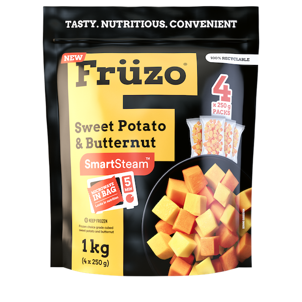 One-kilogram Früzo frozen sweet potato and butternut front of packet.