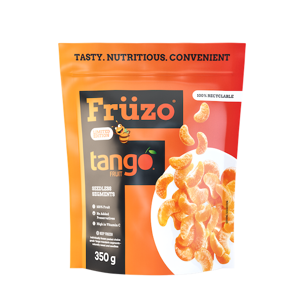Three-hundred and fifty gram Früzo frozen Tango Fruit front of packet.