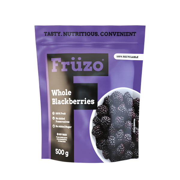 Five-hundred gram Früzo frozen whole blackberries front of packet.