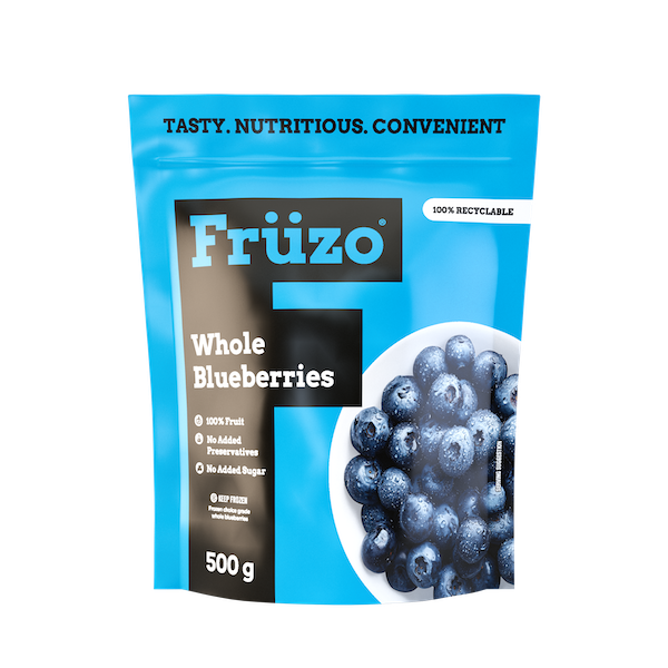 Five-hundred gram Früzo frozen whole blueberries front of packet.