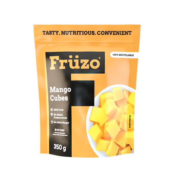 Three-hundred and fifty gram Früzo frozen mango cubes front of packet.