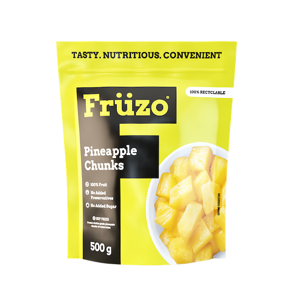 Five-hundred gram Früzo frozen pineapple chunks front of packet.